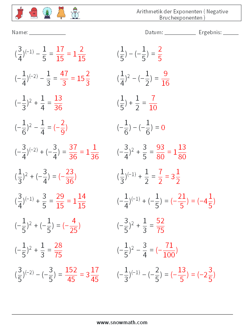  Arithmetik der Exponenten ( Negative Bruchexponenten ) Mathe-Arbeitsblätter 7 Frage, Antwort