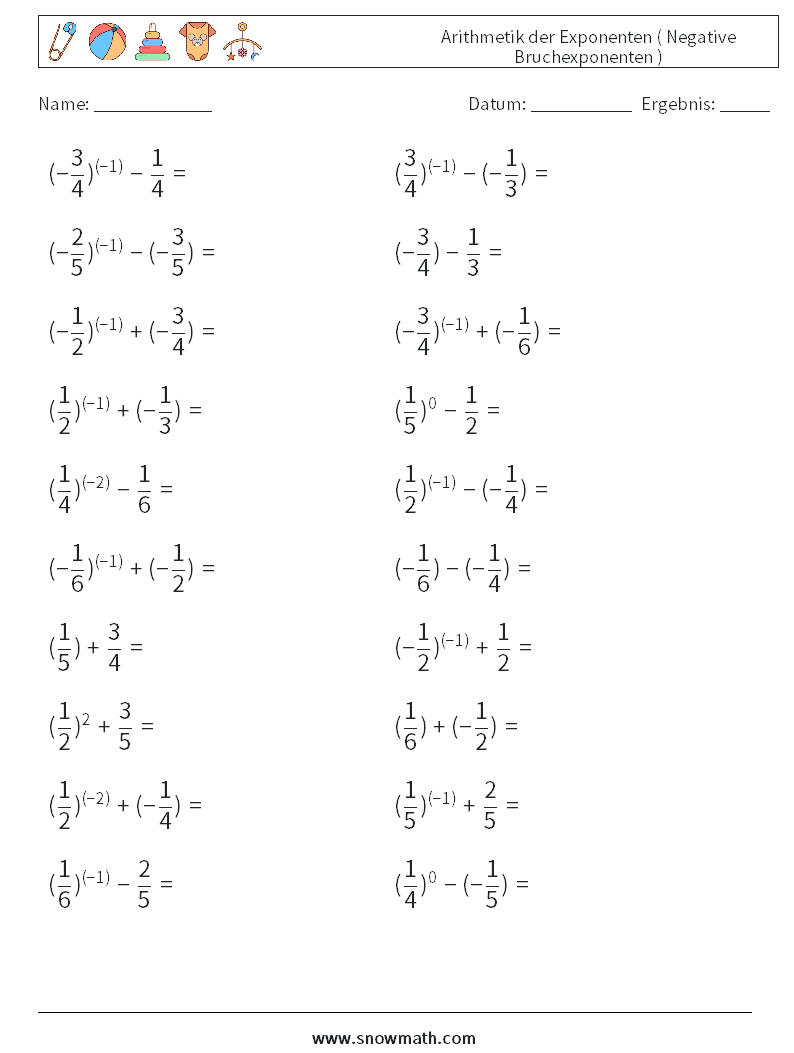  Arithmetik der Exponenten ( Negative Bruchexponenten ) Mathe-Arbeitsblätter 8