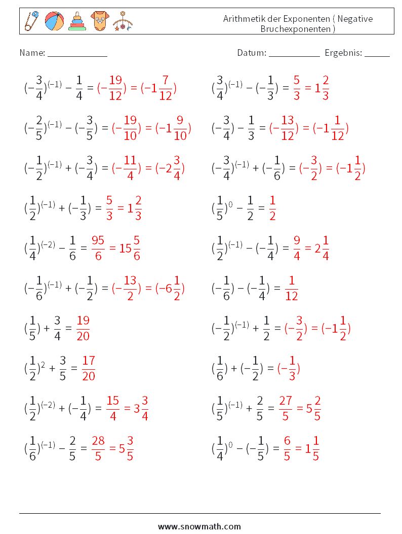  Arithmetik der Exponenten ( Negative Bruchexponenten ) Mathe-Arbeitsblätter 8 Frage, Antwort