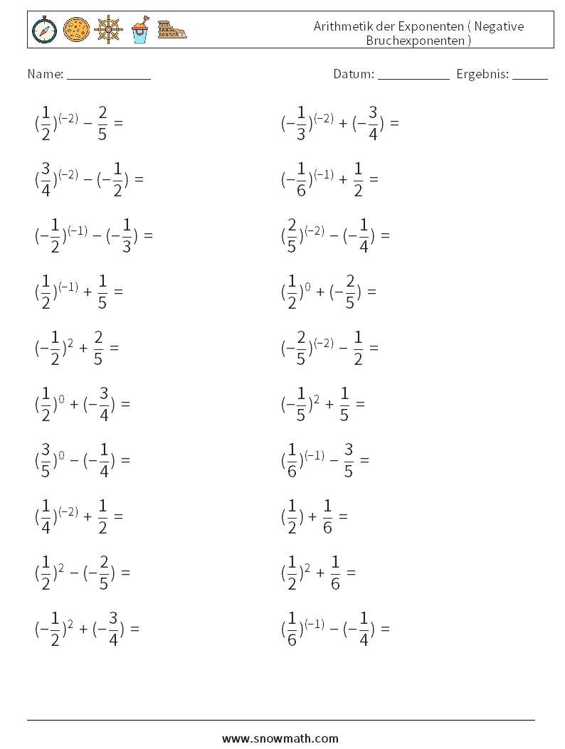  Arithmetik der Exponenten ( Negative Bruchexponenten ) Mathe-Arbeitsblätter 9