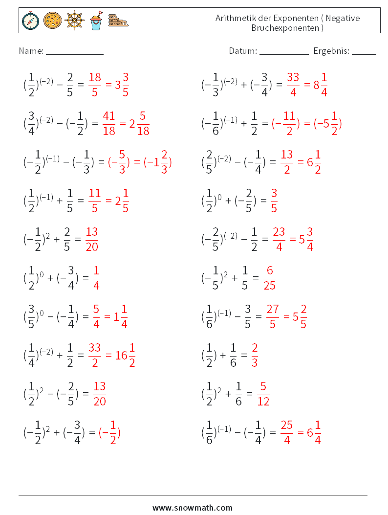  Arithmetik der Exponenten ( Negative Bruchexponenten ) Mathe-Arbeitsblätter 9 Frage, Antwort