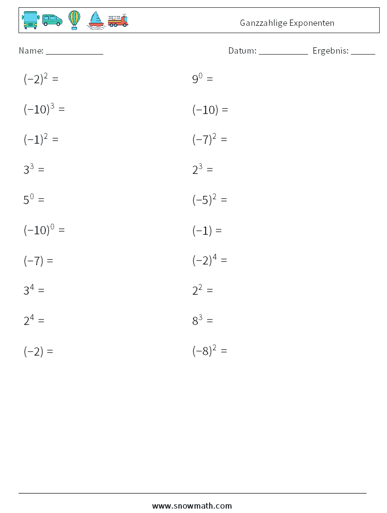 Ganzzahlige Exponenten Mathe-Arbeitsblätter 3