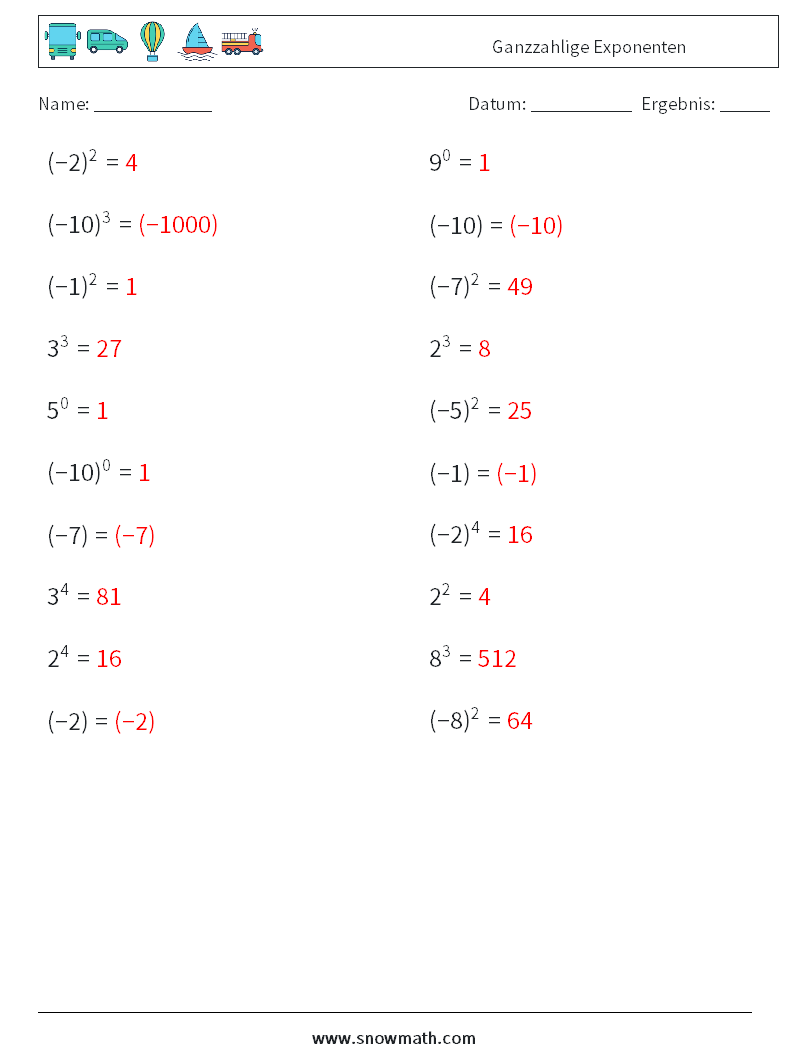 Ganzzahlige Exponenten Mathe-Arbeitsblätter 3 Frage, Antwort