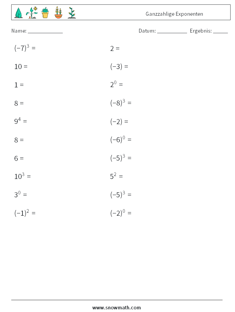 Ganzzahlige Exponenten Mathe-Arbeitsblätter 4