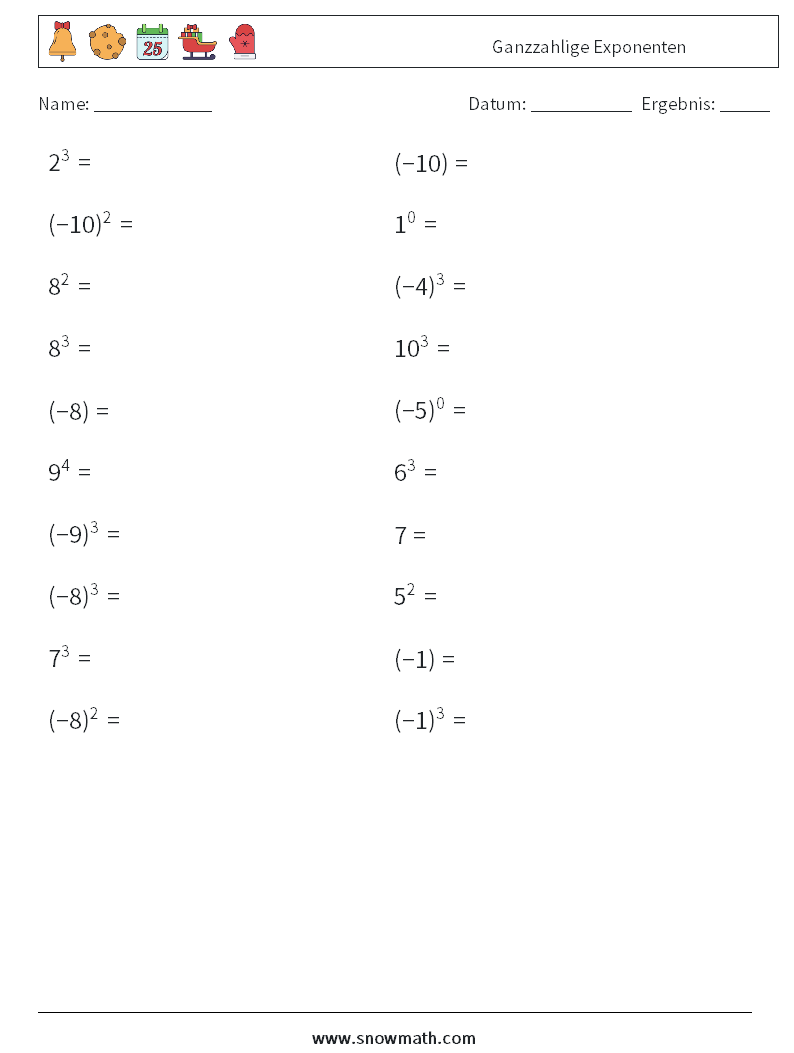 Ganzzahlige Exponenten Mathe-Arbeitsblätter 5