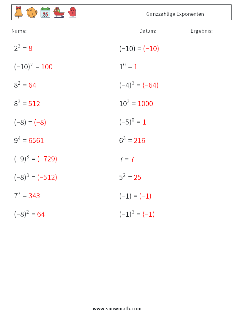 Ganzzahlige Exponenten Mathe-Arbeitsblätter 5 Frage, Antwort