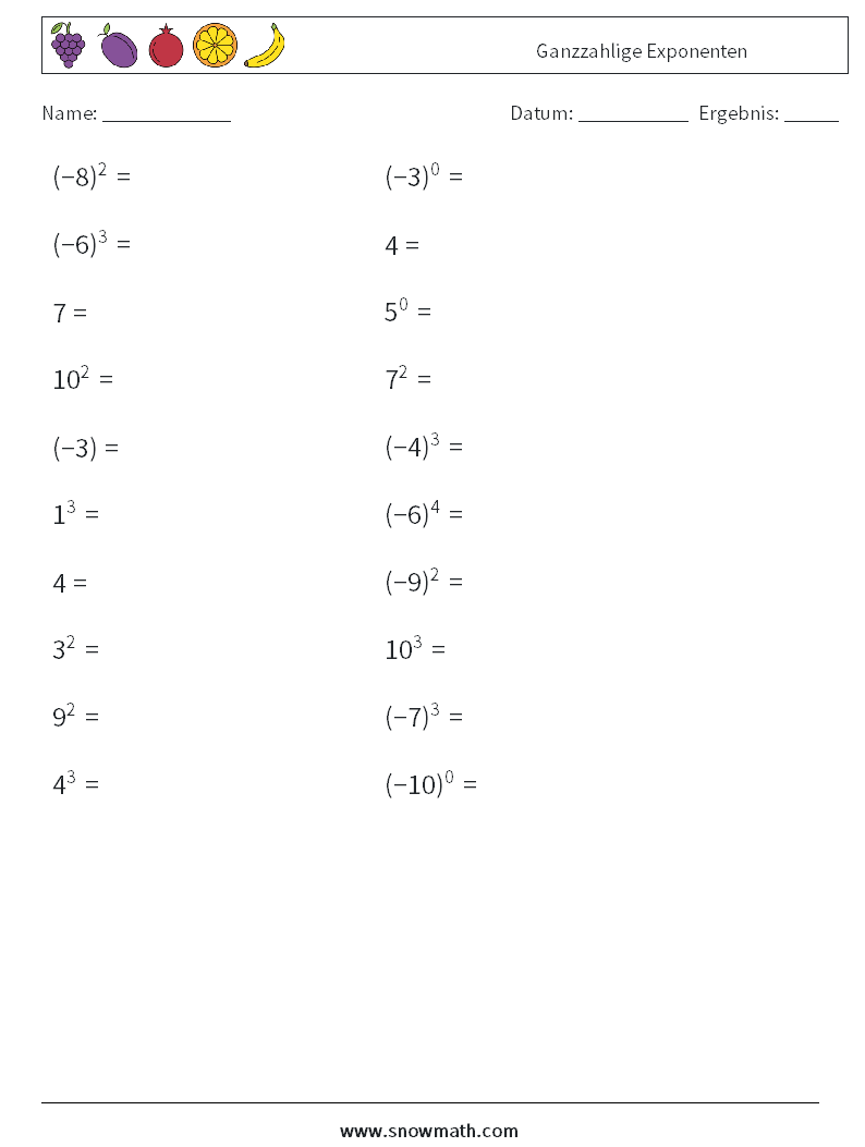 Ganzzahlige Exponenten Mathe-Arbeitsblätter 6