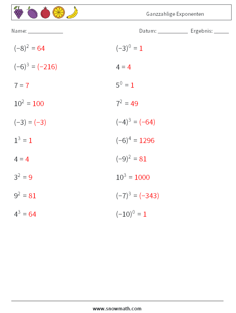 Ganzzahlige Exponenten Mathe-Arbeitsblätter 6 Frage, Antwort