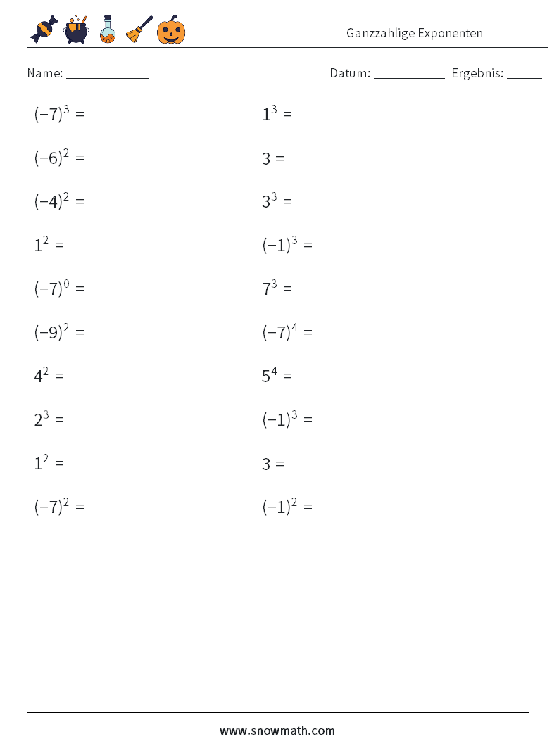 Ganzzahlige Exponenten Mathe-Arbeitsblätter 7