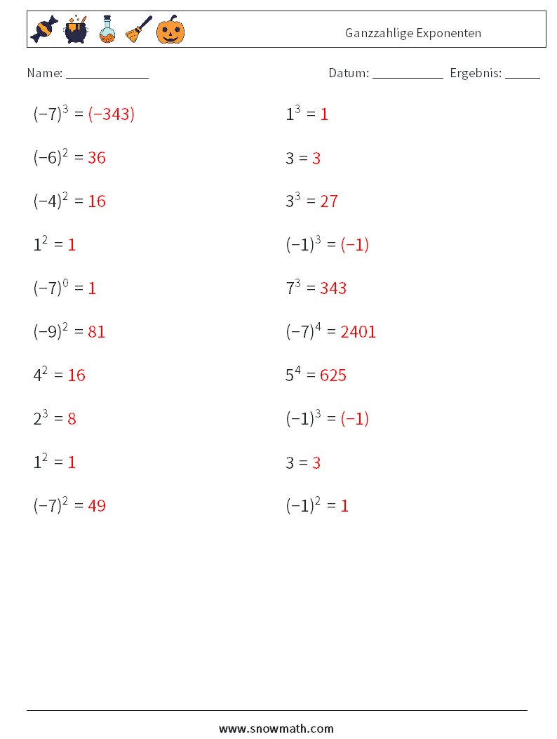 Ganzzahlige Exponenten Mathe-Arbeitsblätter 7 Frage, Antwort