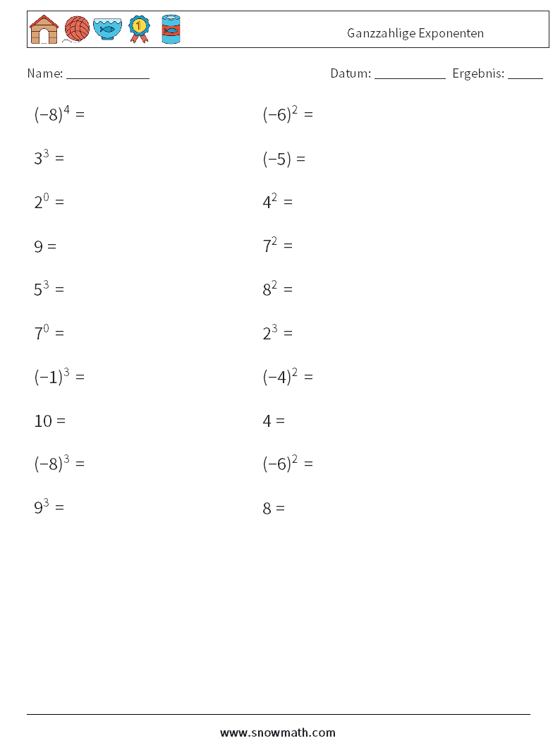 Ganzzahlige Exponenten Mathe-Arbeitsblätter 8