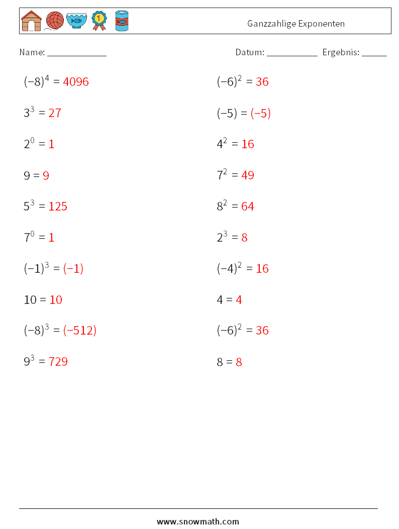 Ganzzahlige Exponenten Mathe-Arbeitsblätter 8 Frage, Antwort