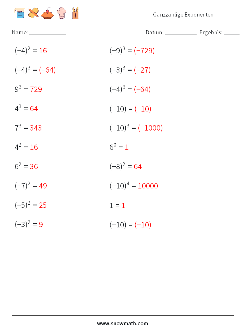 Ganzzahlige Exponenten Mathe-Arbeitsblätter 9 Frage, Antwort