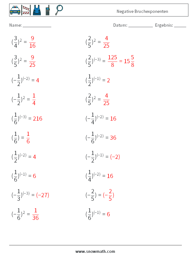 Negative Bruchexponenten Mathe-Arbeitsblätter 2 Frage, Antwort