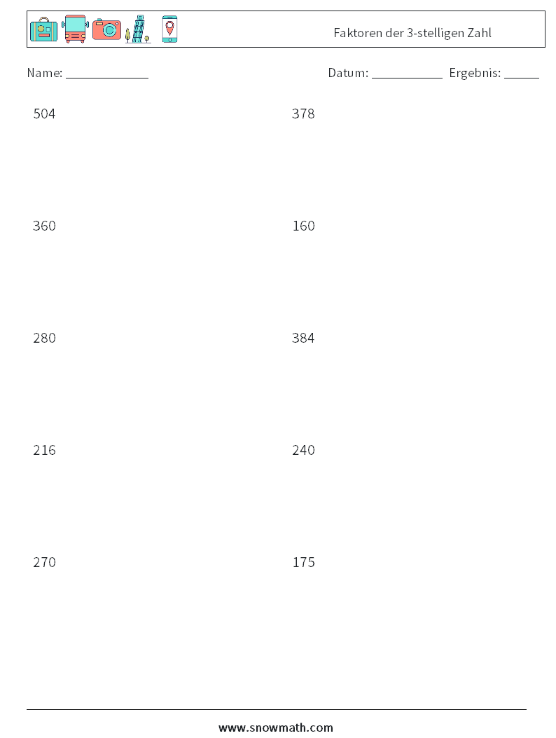 Faktoren der 3-stelligen Zahl Mathe-Arbeitsblätter 2