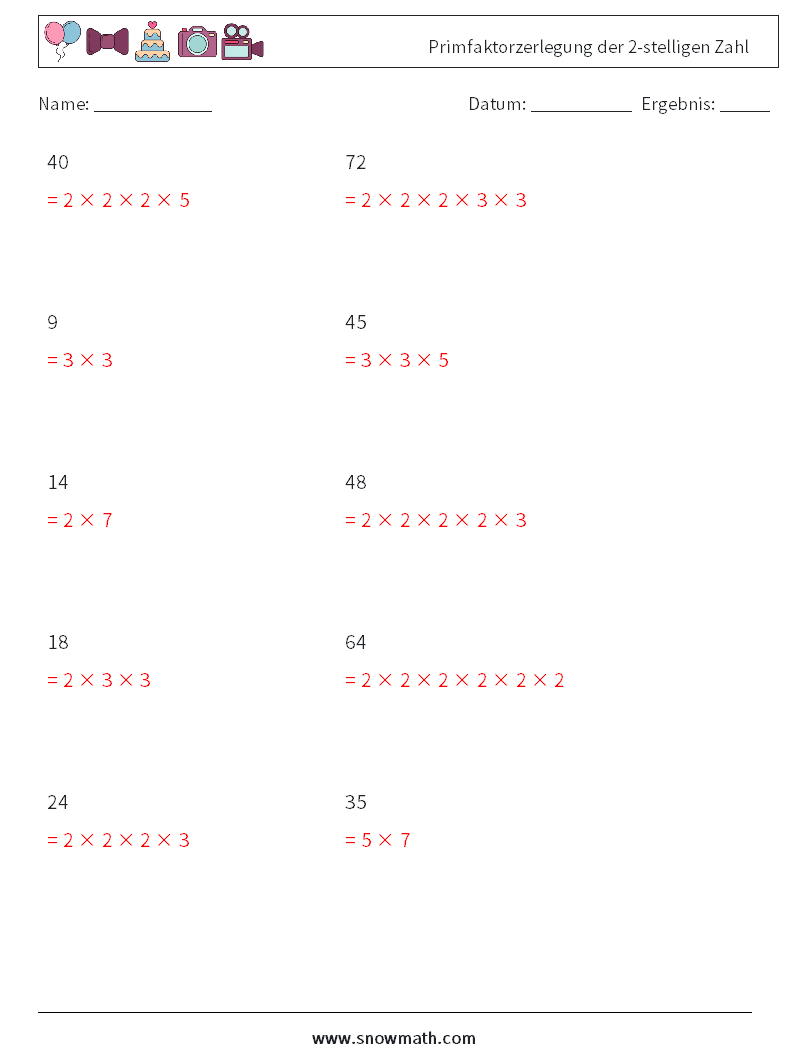 Primfaktorzerlegung der 2-stelligen Zahl Mathe-Arbeitsblätter 1 Frage, Antwort