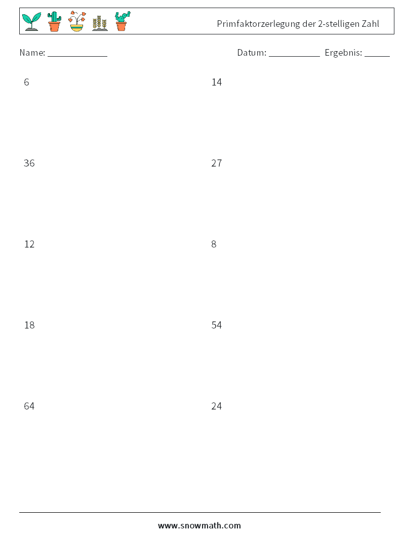 Primfaktorzerlegung der 2-stelligen Zahl Mathe-Arbeitsblätter 2
