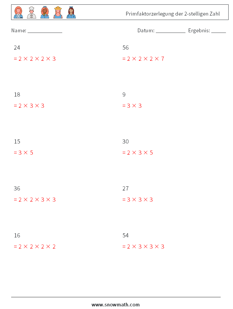 Primfaktorzerlegung der 2-stelligen Zahl Mathe-Arbeitsblätter 3 Frage, Antwort