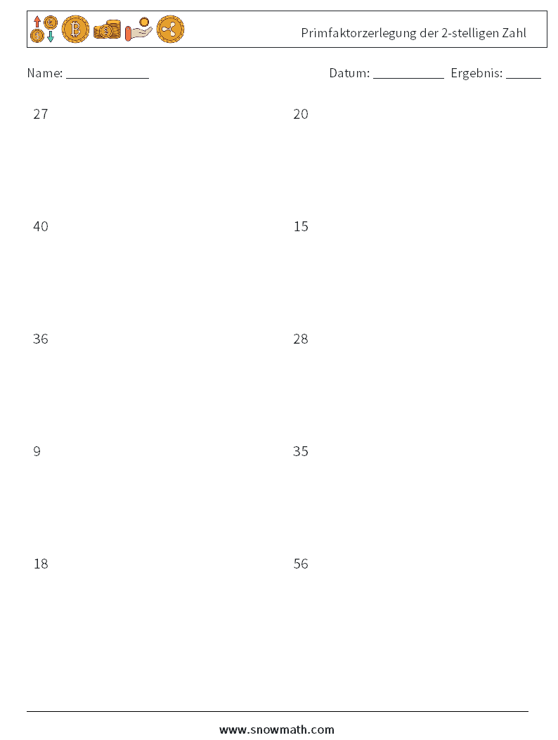 Primfaktorzerlegung der 2-stelligen Zahl Mathe-Arbeitsblätter 4