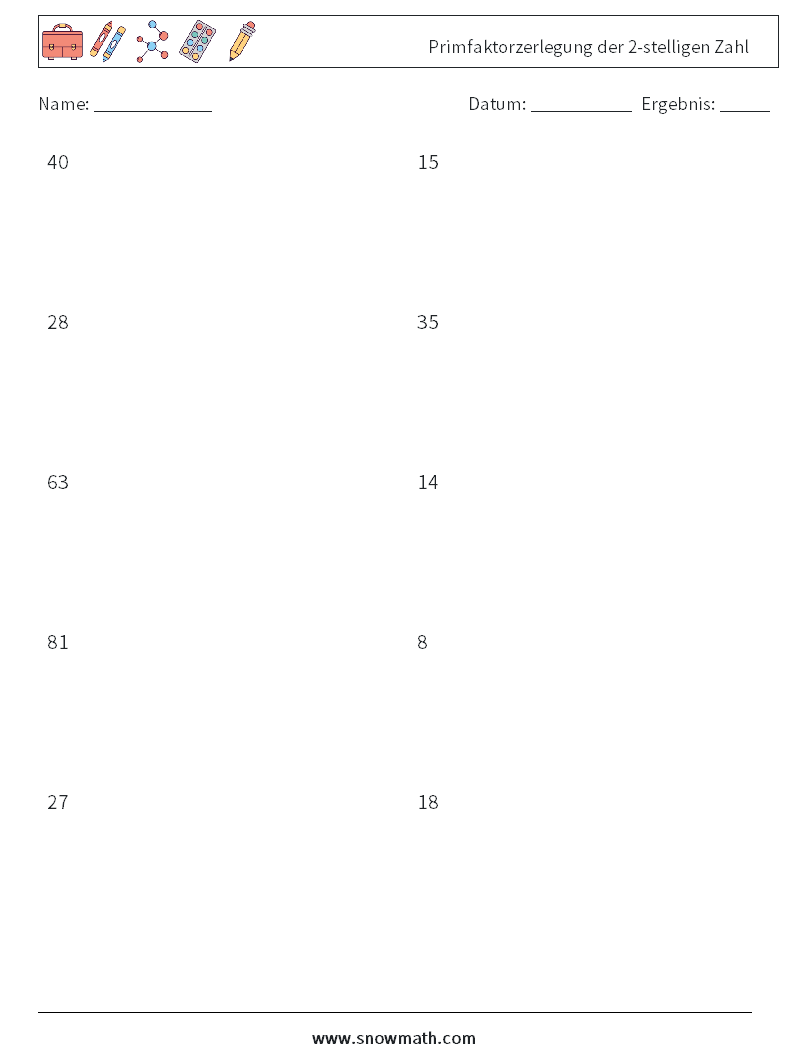 Primfaktorzerlegung der 2-stelligen Zahl Mathe-Arbeitsblätter 5