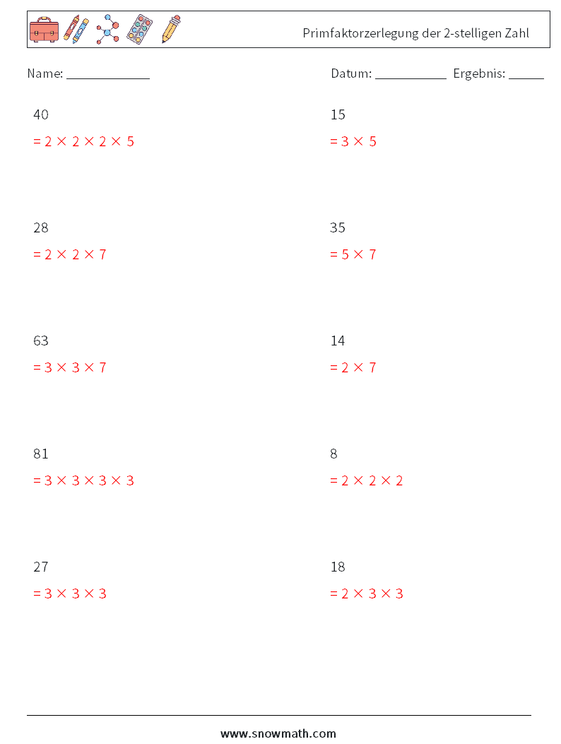 Primfaktorzerlegung der 2-stelligen Zahl Mathe-Arbeitsblätter 5 Frage, Antwort