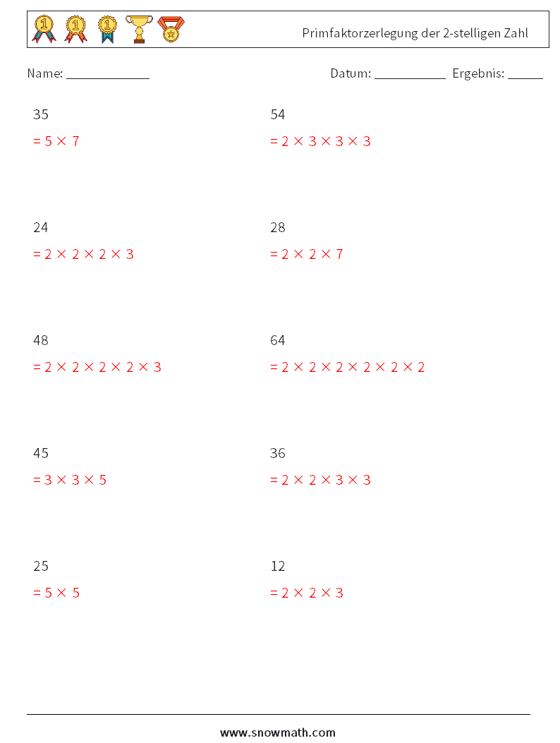 Primfaktorzerlegung der 2-stelligen Zahl Mathe-Arbeitsblätter 6 Frage, Antwort