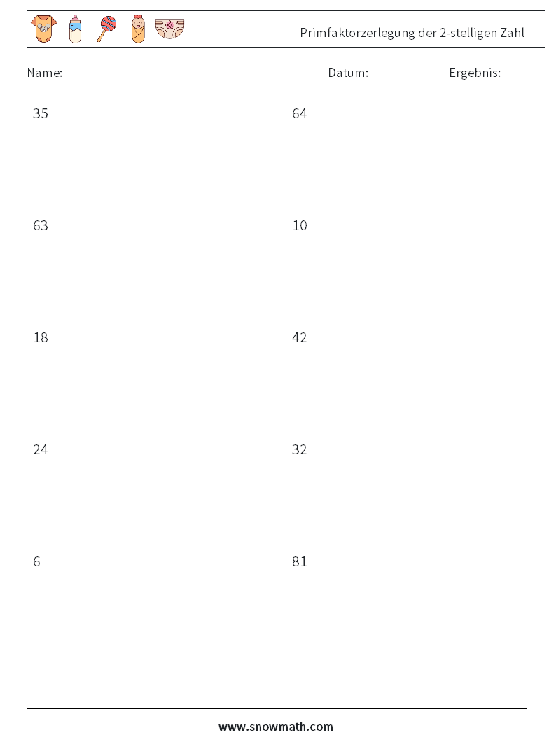 Primfaktorzerlegung der 2-stelligen Zahl Mathe-Arbeitsblätter 7