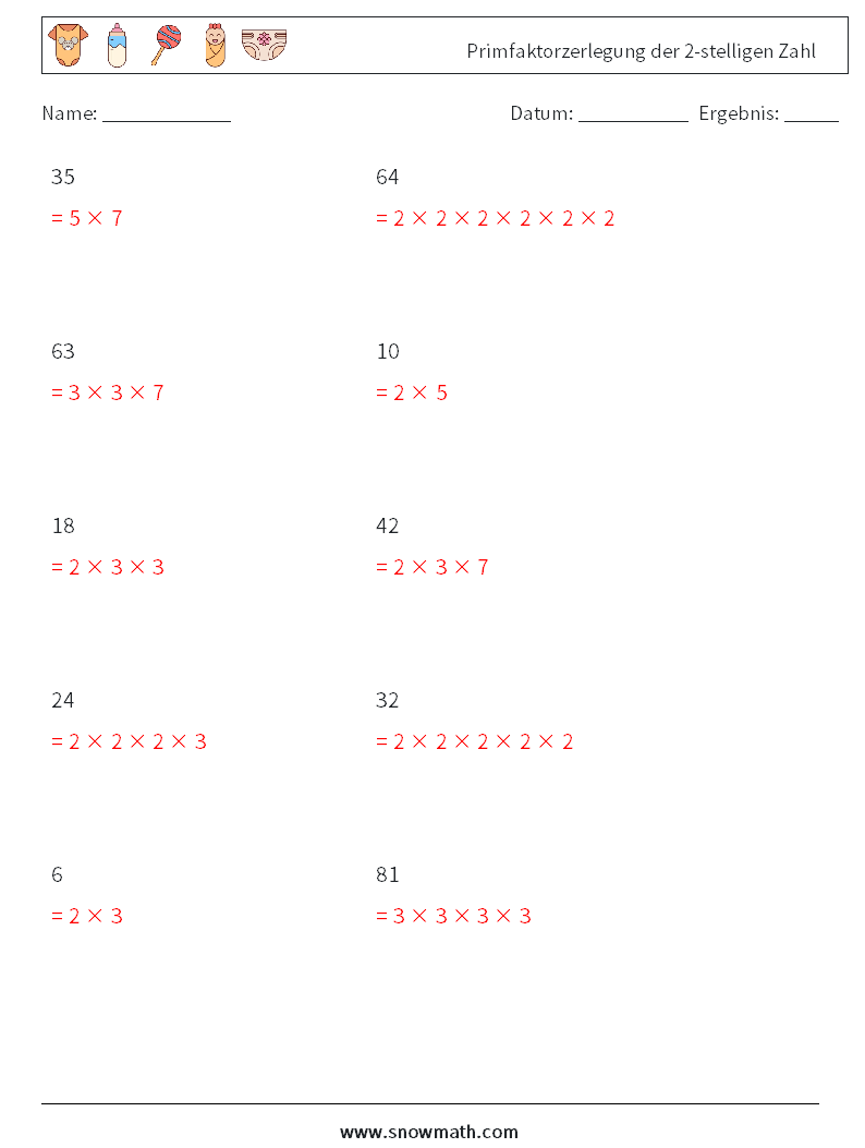 Primfaktorzerlegung der 2-stelligen Zahl Mathe-Arbeitsblätter 7 Frage, Antwort
