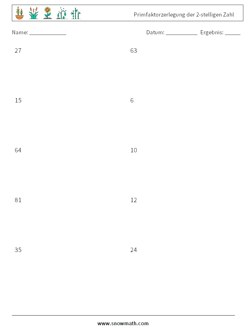 Primfaktorzerlegung der 2-stelligen Zahl Mathe-Arbeitsblätter 8