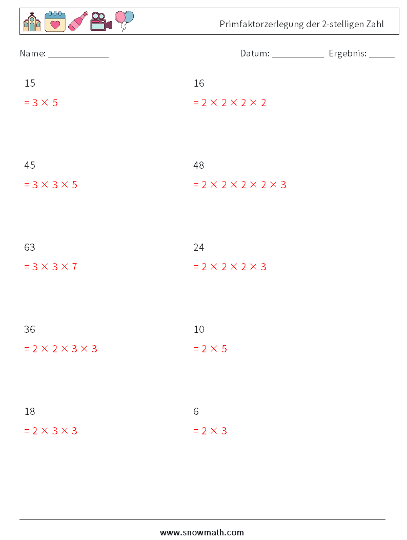 Primfaktorzerlegung der 2-stelligen Zahl Mathe-Arbeitsblätter 9 Frage, Antwort