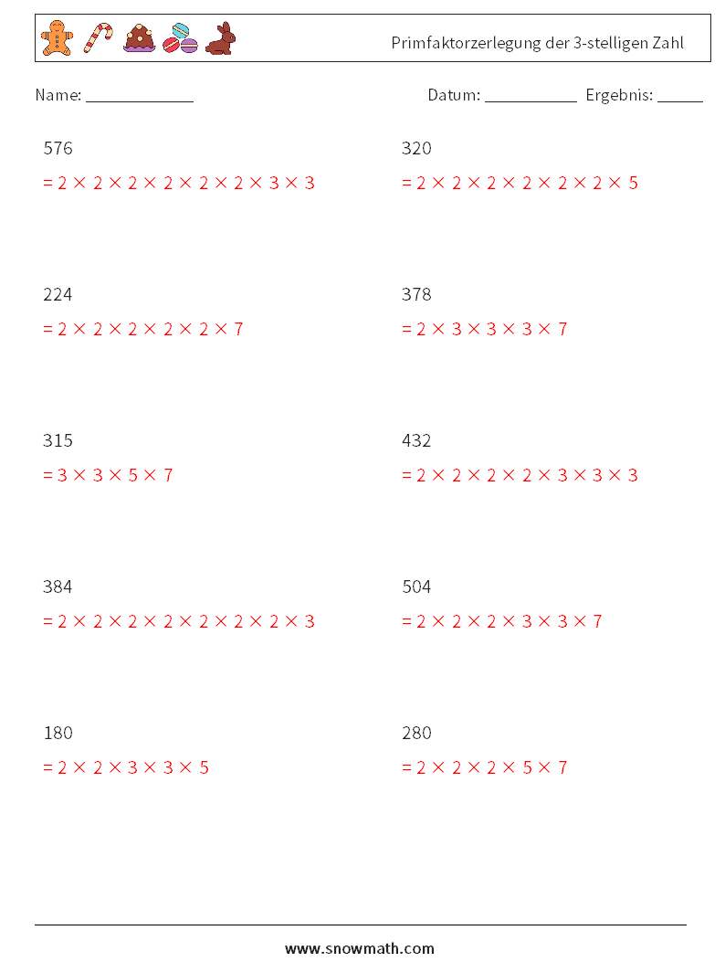 Primfaktorzerlegung der 3-stelligen Zahl Mathe-Arbeitsblätter 1 Frage, Antwort