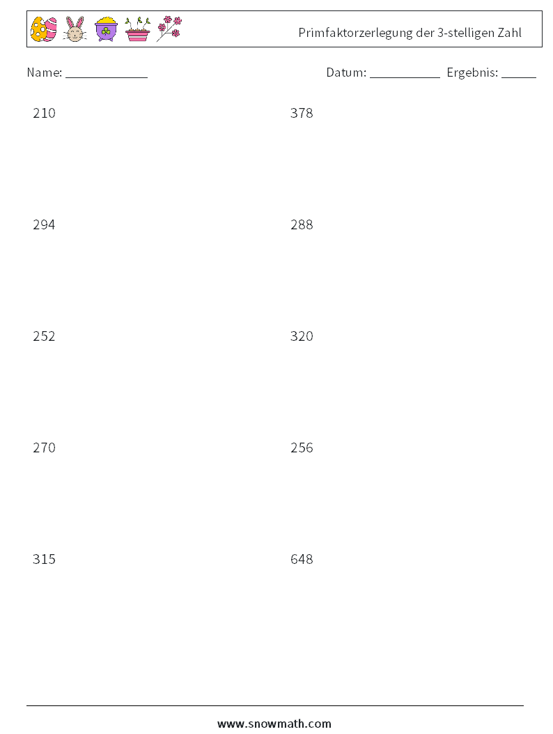 Primfaktorzerlegung der 3-stelligen Zahl Mathe-Arbeitsblätter 2