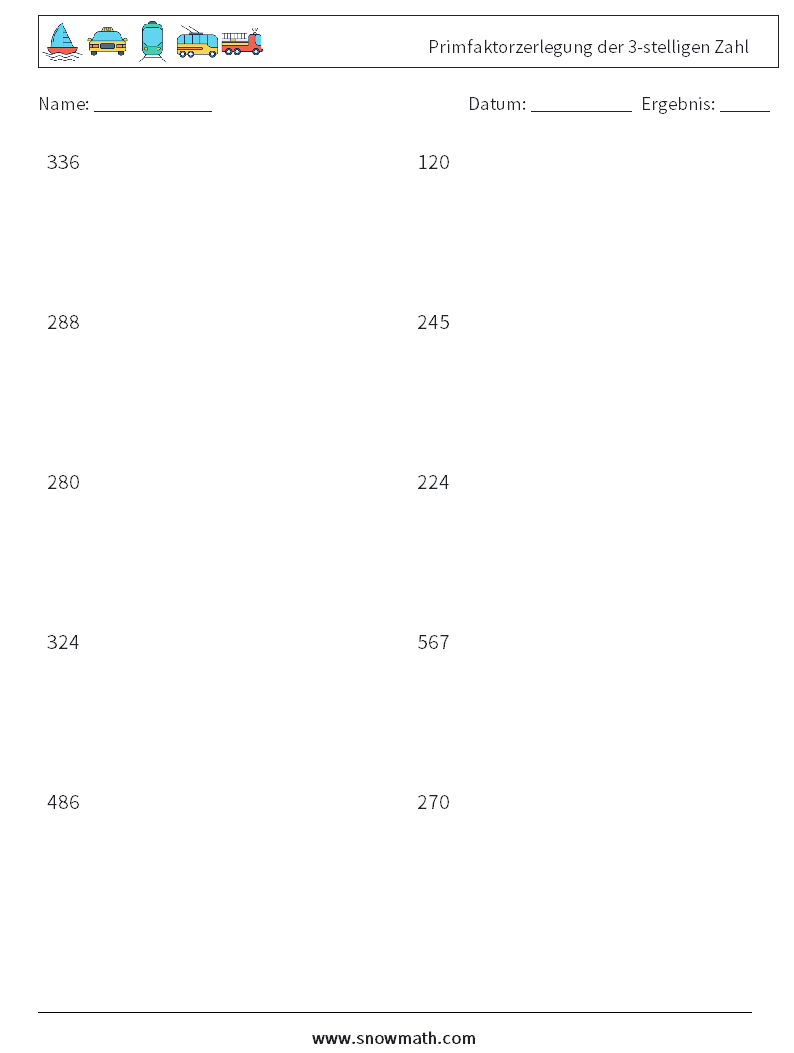 Primfaktorzerlegung der 3-stelligen Zahl Mathe-Arbeitsblätter 3