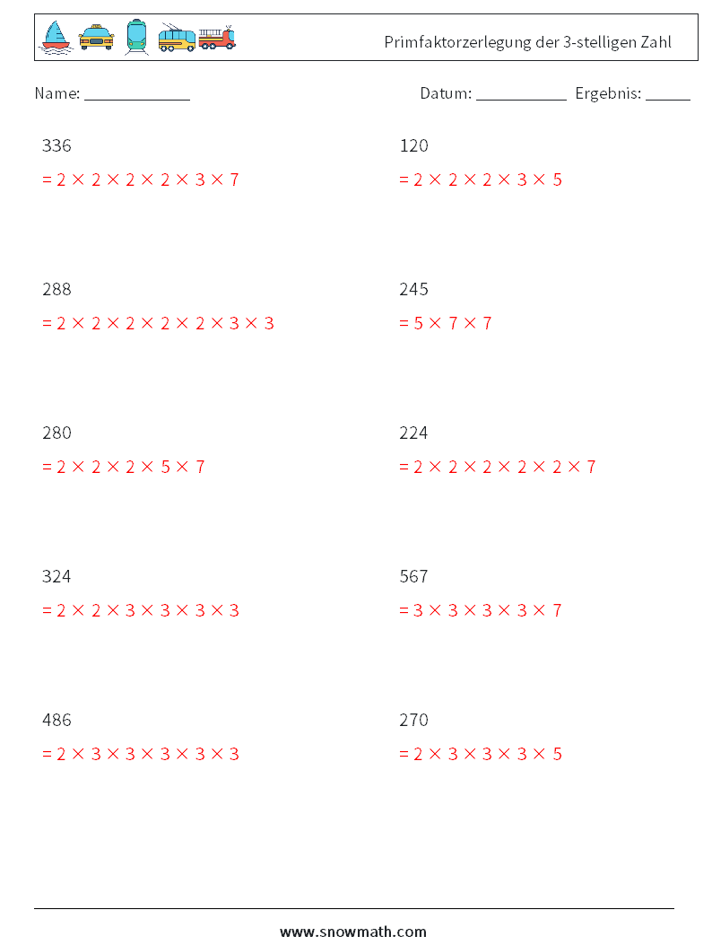 Primfaktorzerlegung der 3-stelligen Zahl Mathe-Arbeitsblätter 3 Frage, Antwort