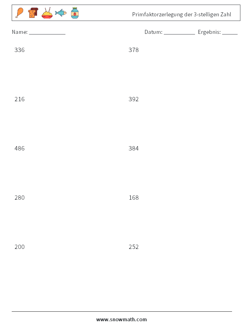 Primfaktorzerlegung der 3-stelligen Zahl Mathe-Arbeitsblätter 4