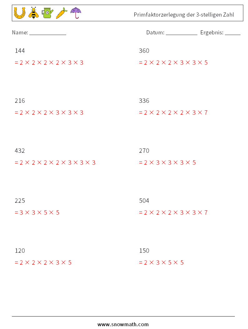 Primfaktorzerlegung der 3-stelligen Zahl Mathe-Arbeitsblätter 5 Frage, Antwort