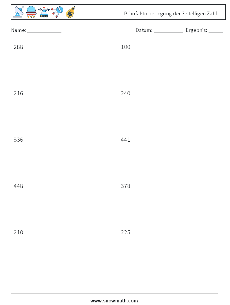 Primfaktorzerlegung der 3-stelligen Zahl Mathe-Arbeitsblätter 6