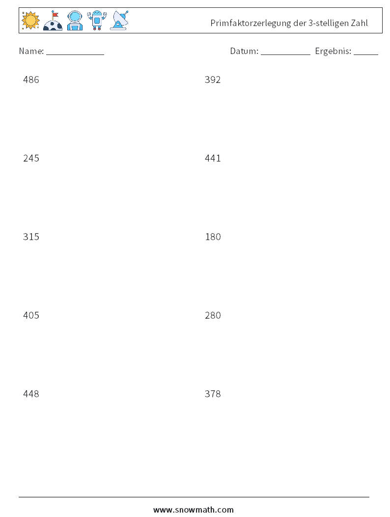 Primfaktorzerlegung der 3-stelligen Zahl Mathe-Arbeitsblätter 7