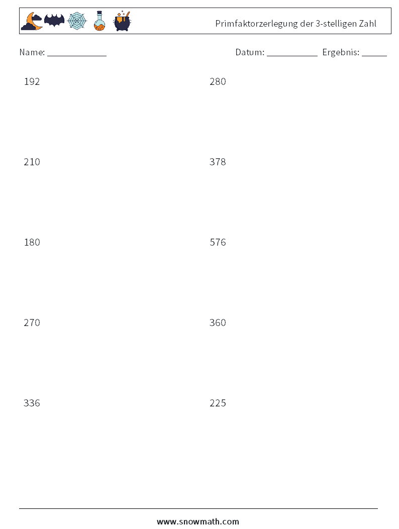 Primfaktorzerlegung der 3-stelligen Zahl Mathe-Arbeitsblätter 9
