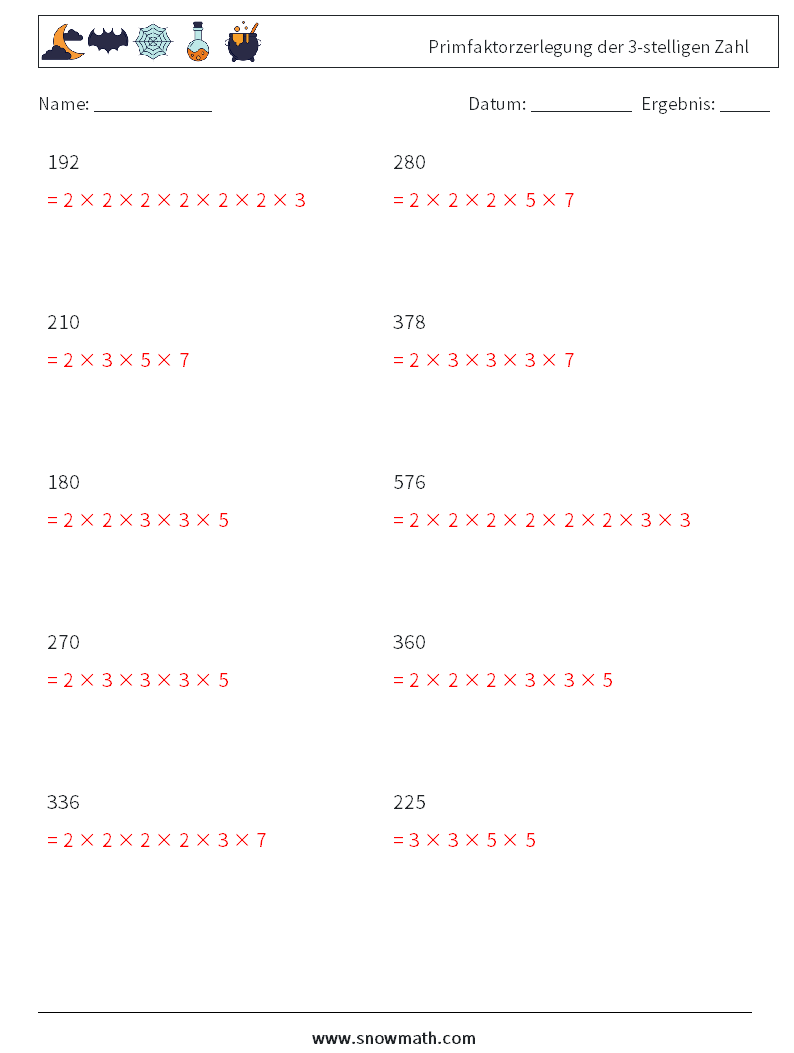Primfaktorzerlegung der 3-stelligen Zahl Mathe-Arbeitsblätter 9 Frage, Antwort