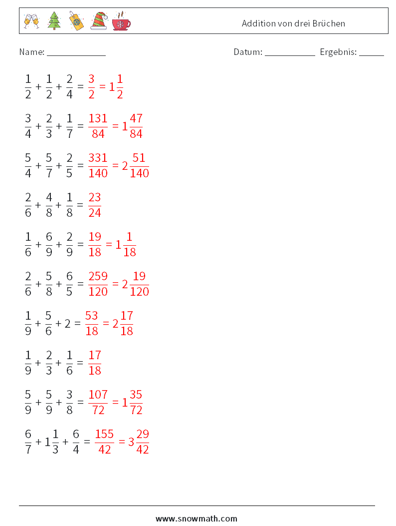 (10) Addition von drei Brüchen Mathe-Arbeitsblätter 13 Frage, Antwort