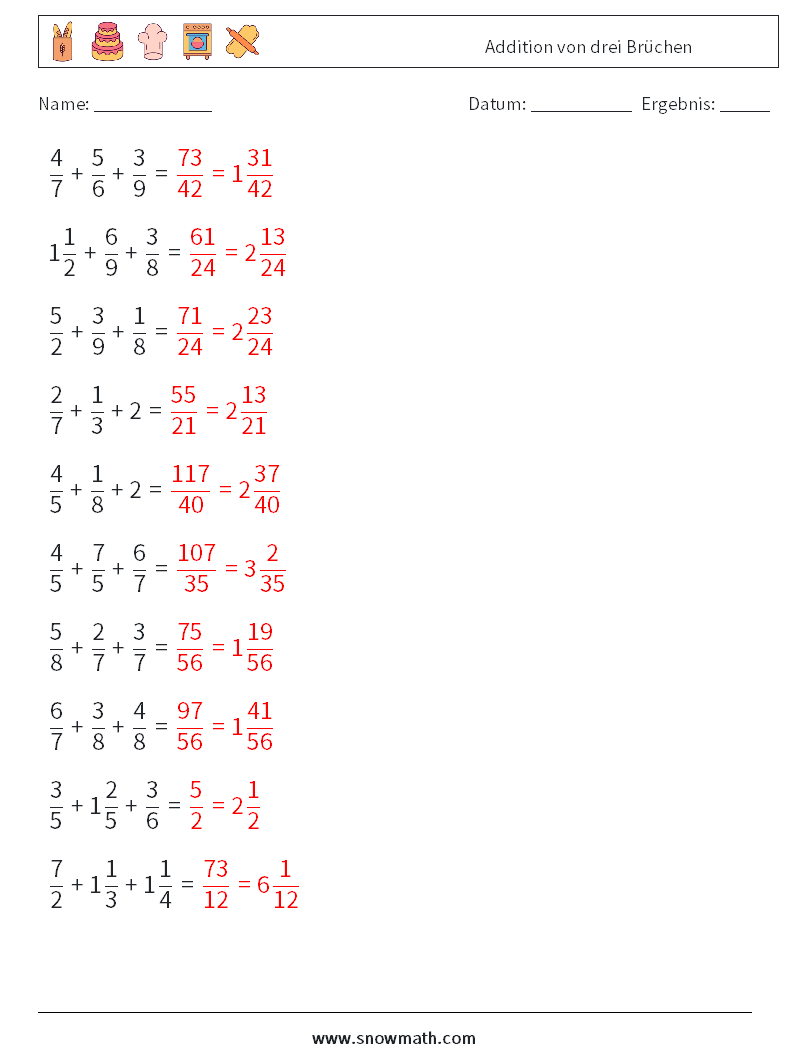 (10) Addition von drei Brüchen Mathe-Arbeitsblätter 14 Frage, Antwort