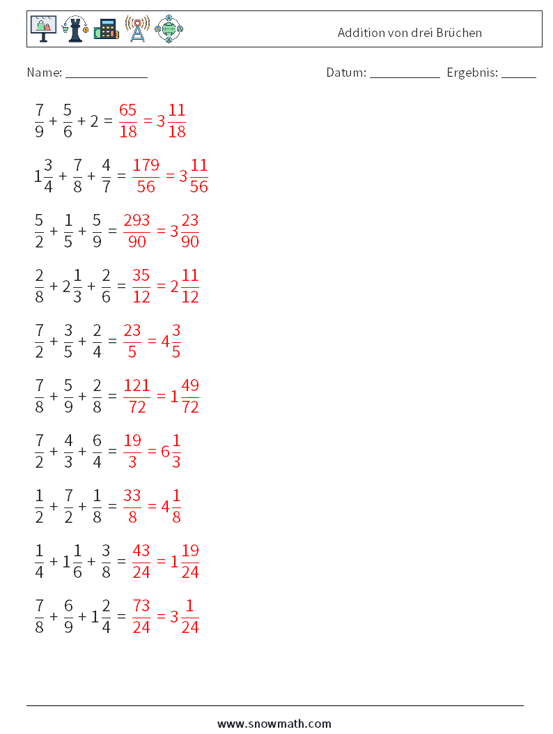 (10) Addition von drei Brüchen Mathe-Arbeitsblätter 18 Frage, Antwort