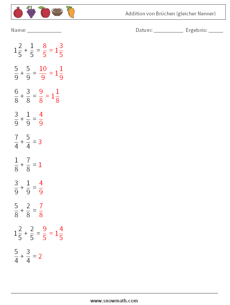 (10) Addition von Brüchen (gleicher Nenner) Mathe-Arbeitsblätter 18 Frage, Antwort