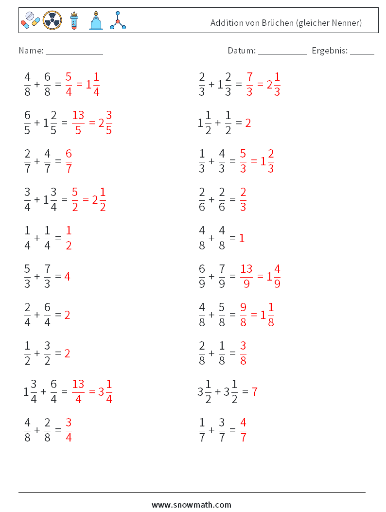 (20) Addition von Brüchen (gleicher Nenner) Mathe-Arbeitsblätter 12 Frage, Antwort