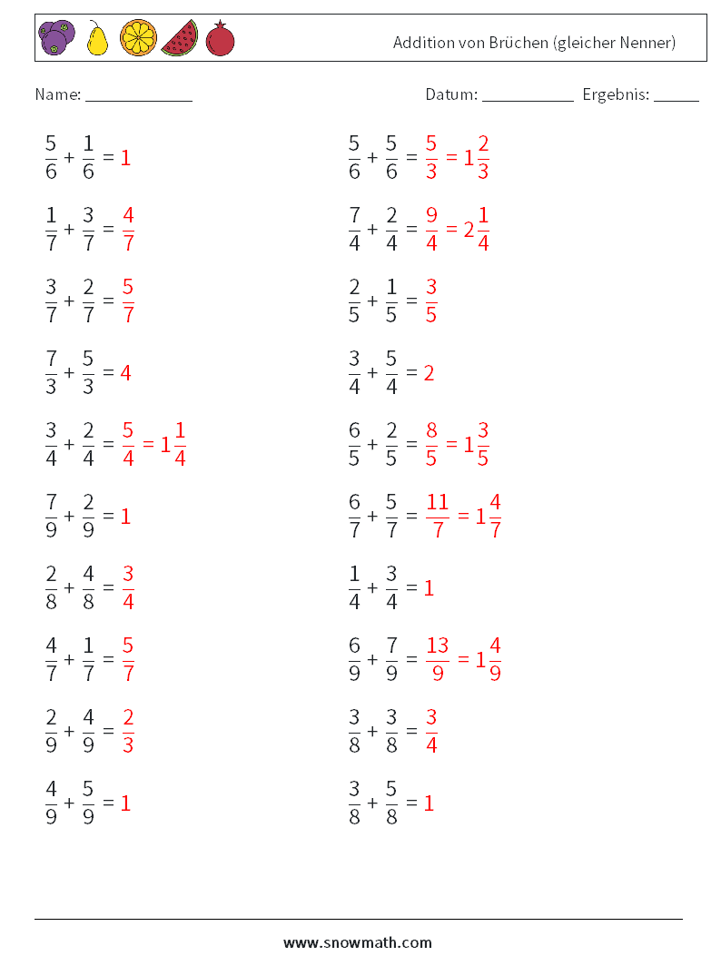 (20) Addition von Brüchen (gleicher Nenner) Mathe-Arbeitsblätter 18 Frage, Antwort