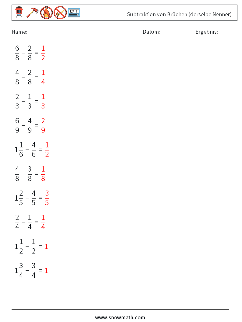 (10) Subtraktion von Brüchen (derselbe Nenner) Mathe-Arbeitsblätter 11 Frage, Antwort