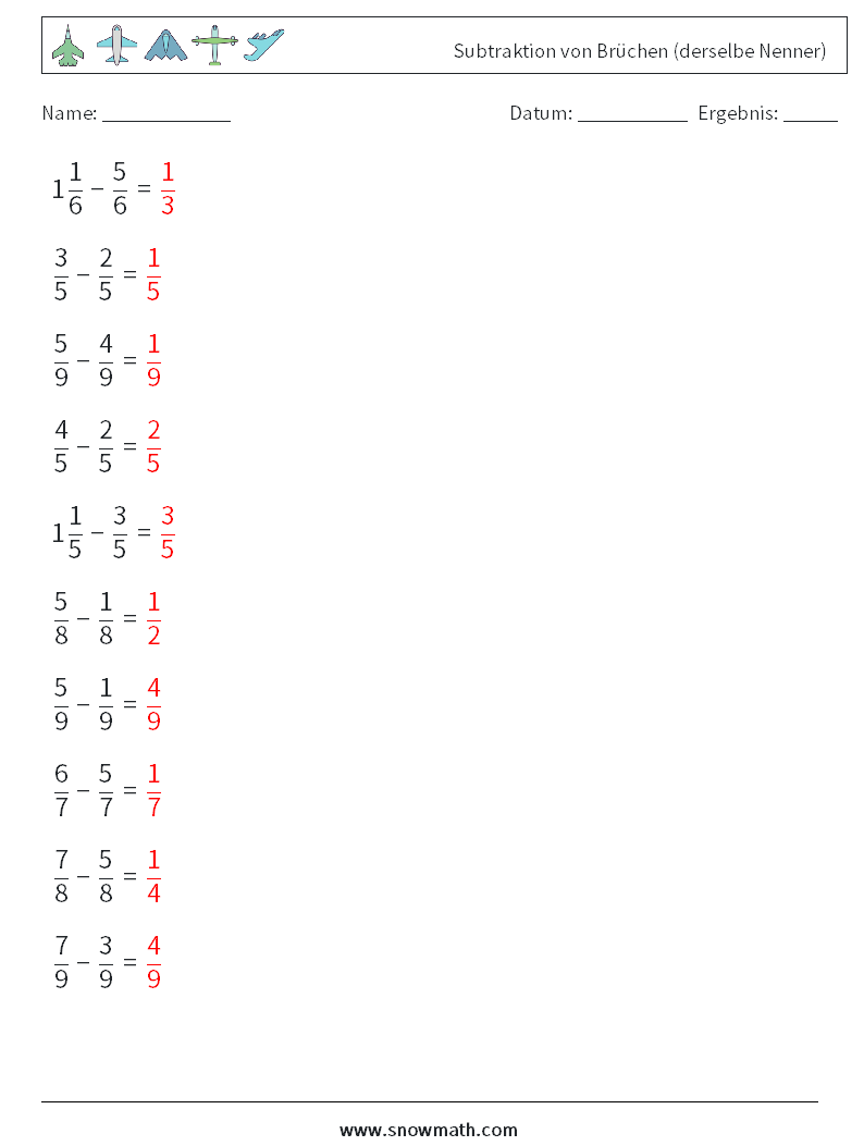 (10) Subtraktion von Brüchen (derselbe Nenner) Mathe-Arbeitsblätter 12 Frage, Antwort