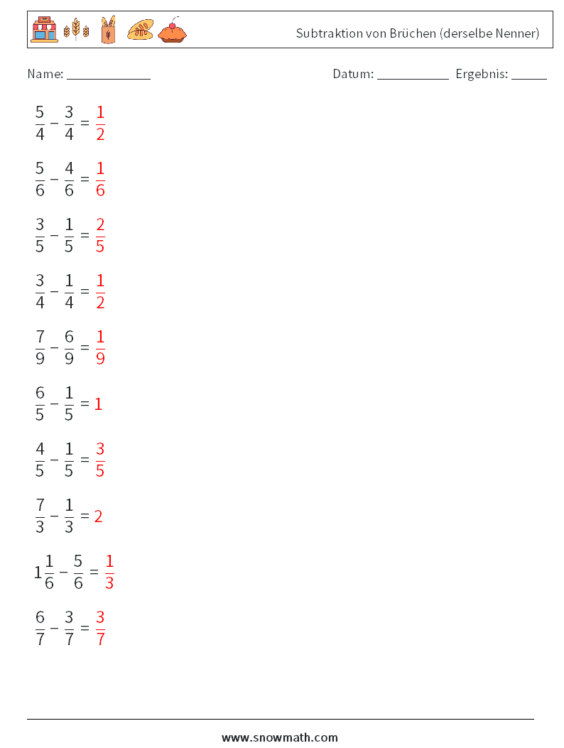 (10) Subtraktion von Brüchen (derselbe Nenner) Mathe-Arbeitsblätter 13 Frage, Antwort