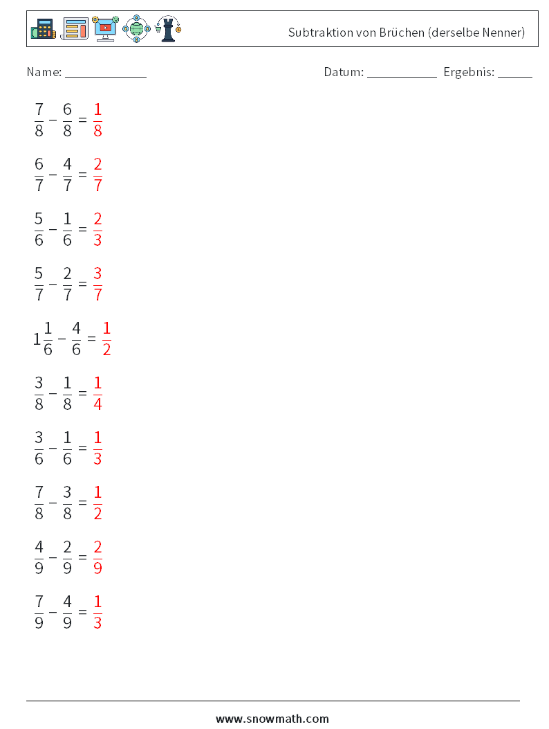 (10) Subtraktion von Brüchen (derselbe Nenner) Mathe-Arbeitsblätter 14 Frage, Antwort